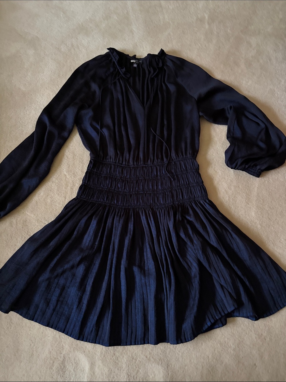 Current Air Navy Smocked-Waist Long Sleeve Dress